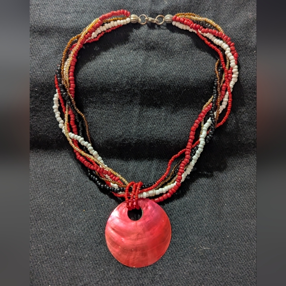 Red Black White Yellow Beaded Red Shell Pendant Statement Necklace